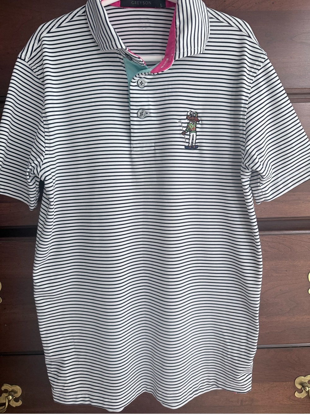 Greyson Black & White Striped Polo with Colorful Embroidered Character